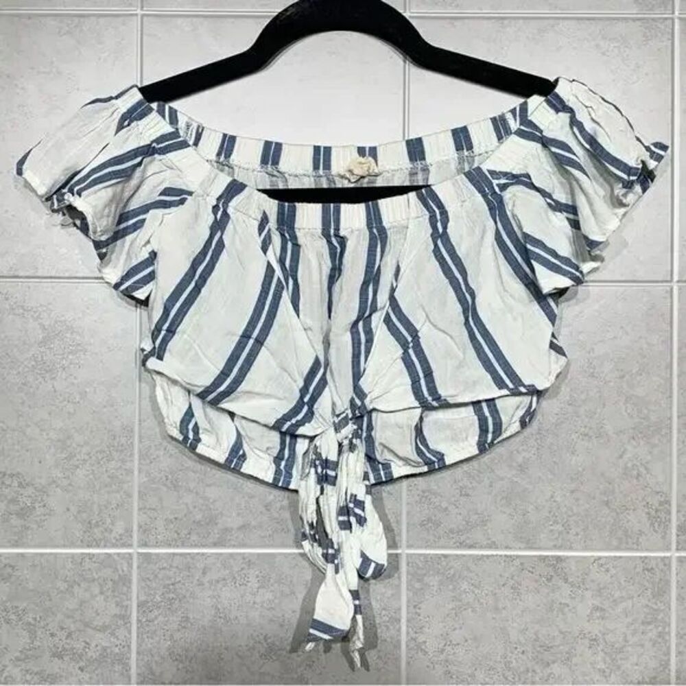 L.A Hearts Womens XS Top White Blue Striped Blouse Crop Tie Front Flutter Sleeve